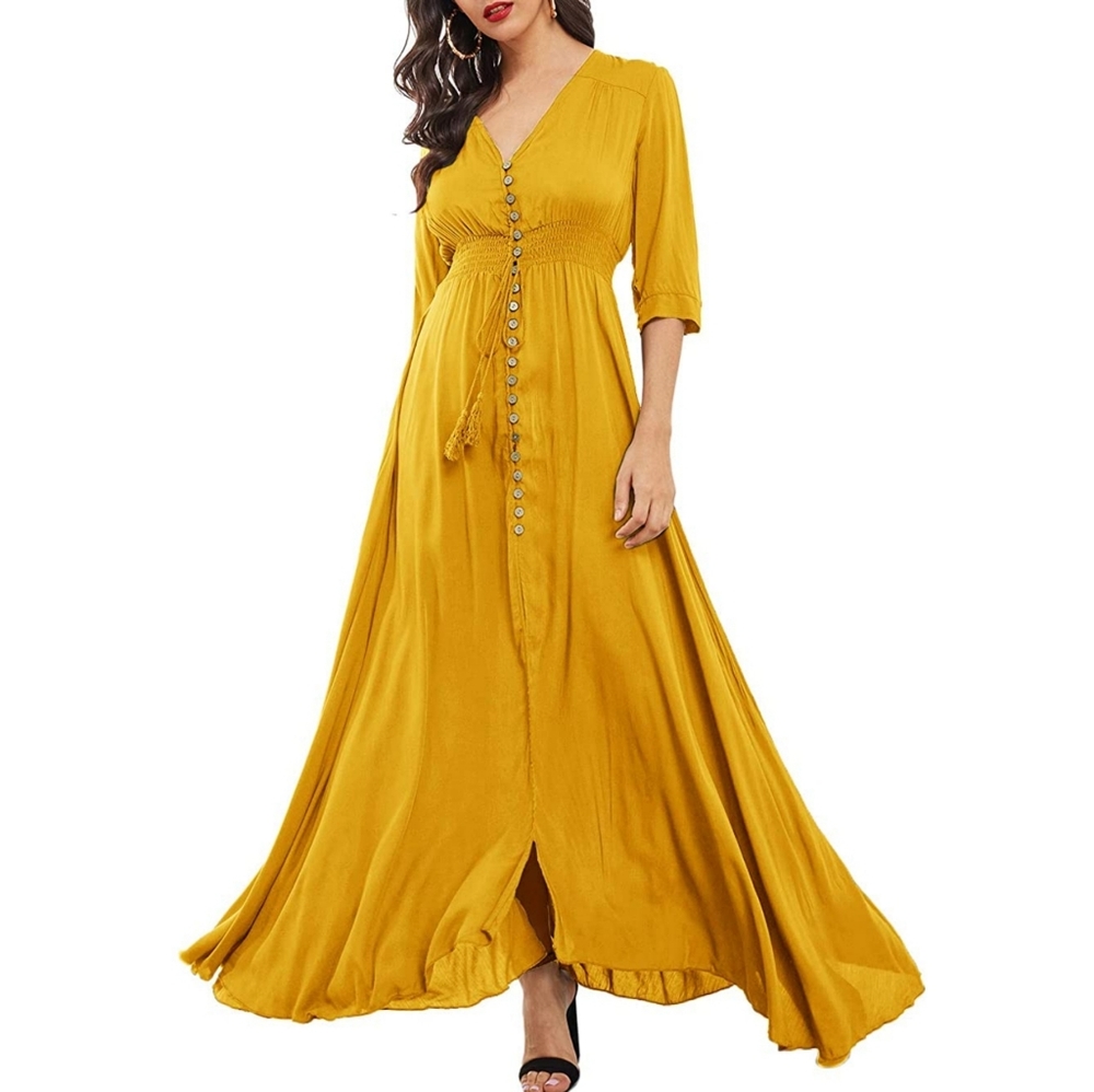 Women's dress Button Up V Neck maxi dress